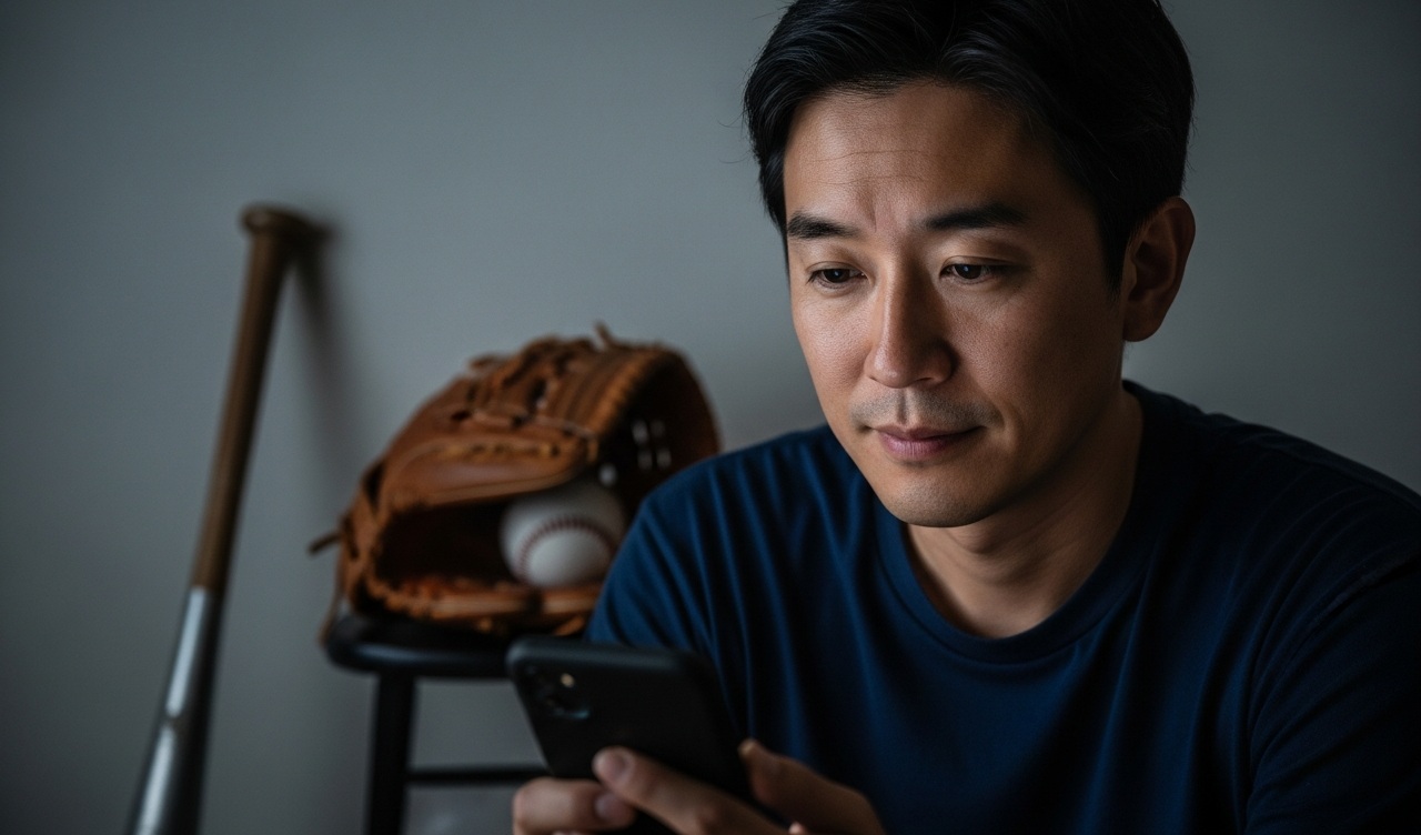 スマホを見る野球選手