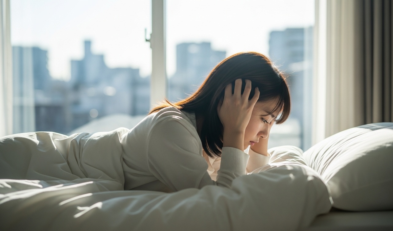 ベッドで悩む女性