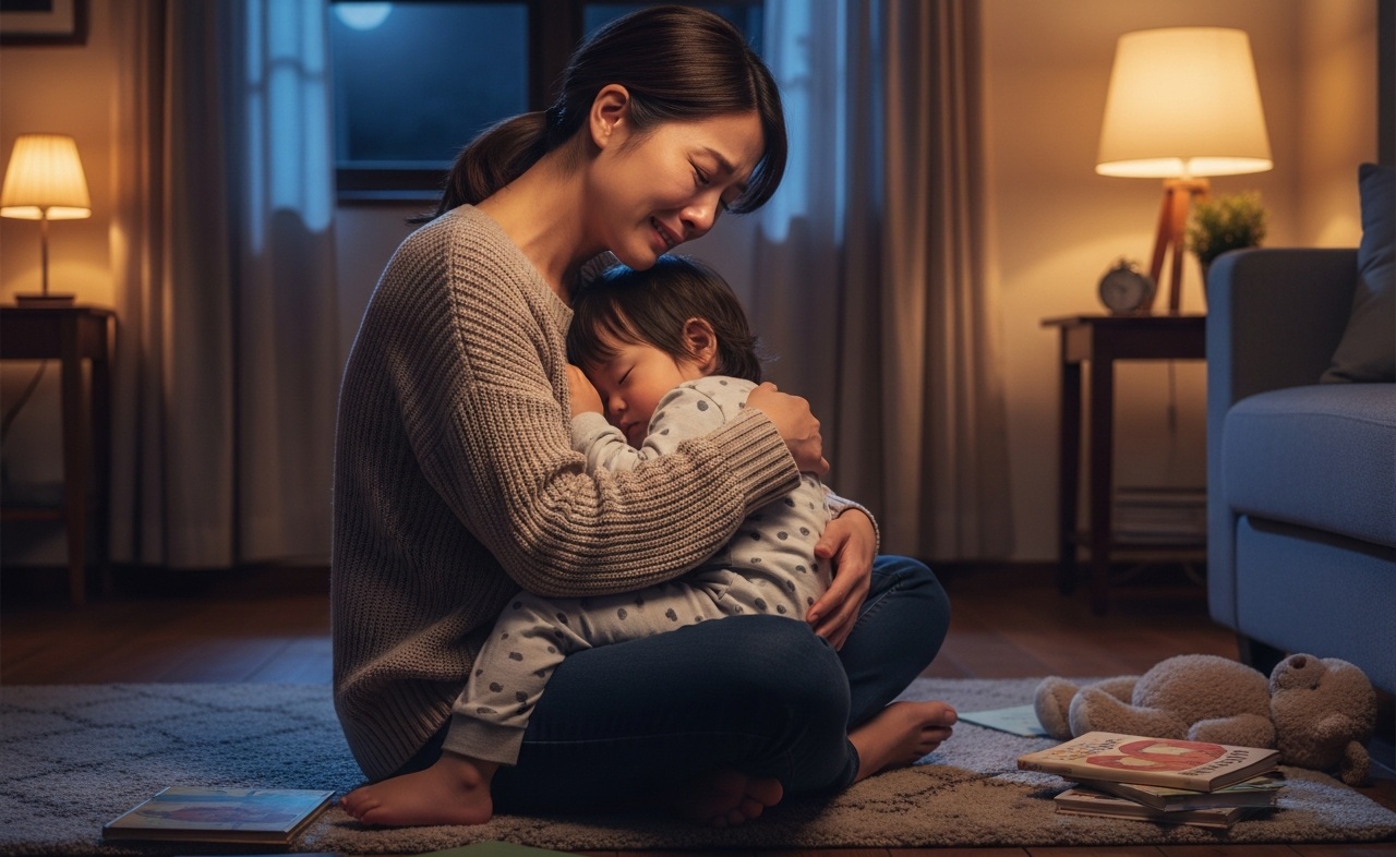 子供の寝顔を見ながら泣く女性