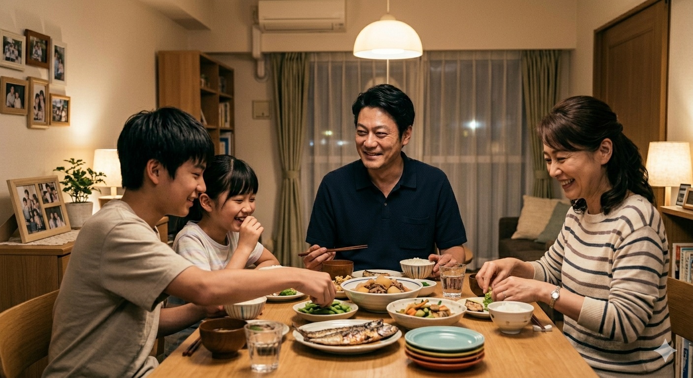 家族で食事する男性