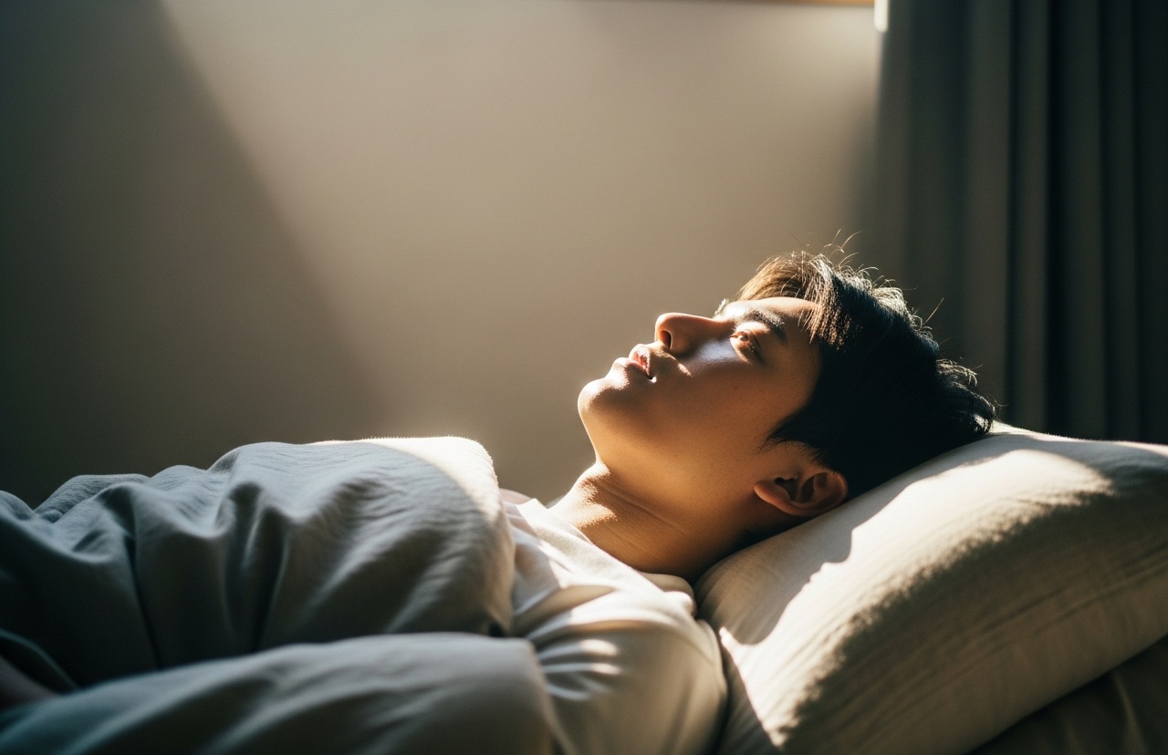 寝ながら天井を見つめる男性