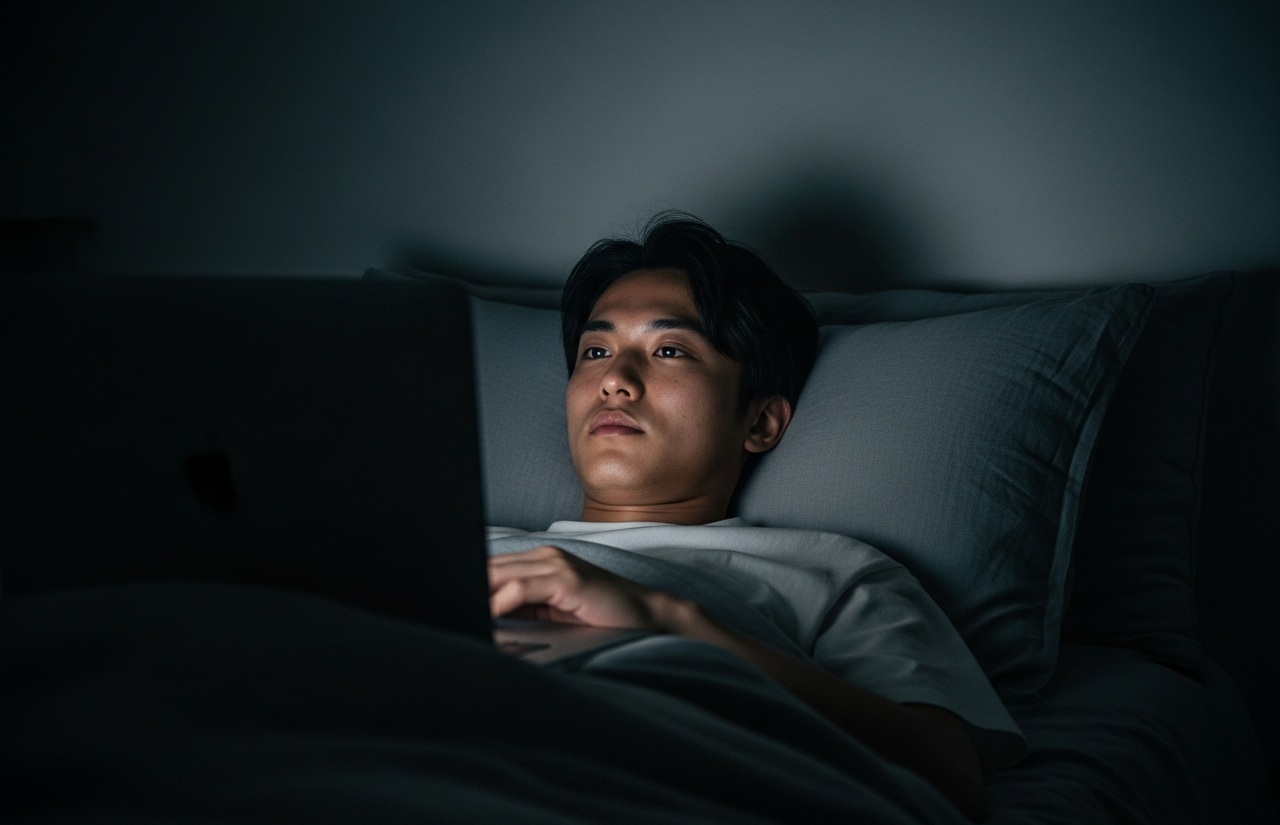 暗い部屋でパソコン画面を見つめる男性