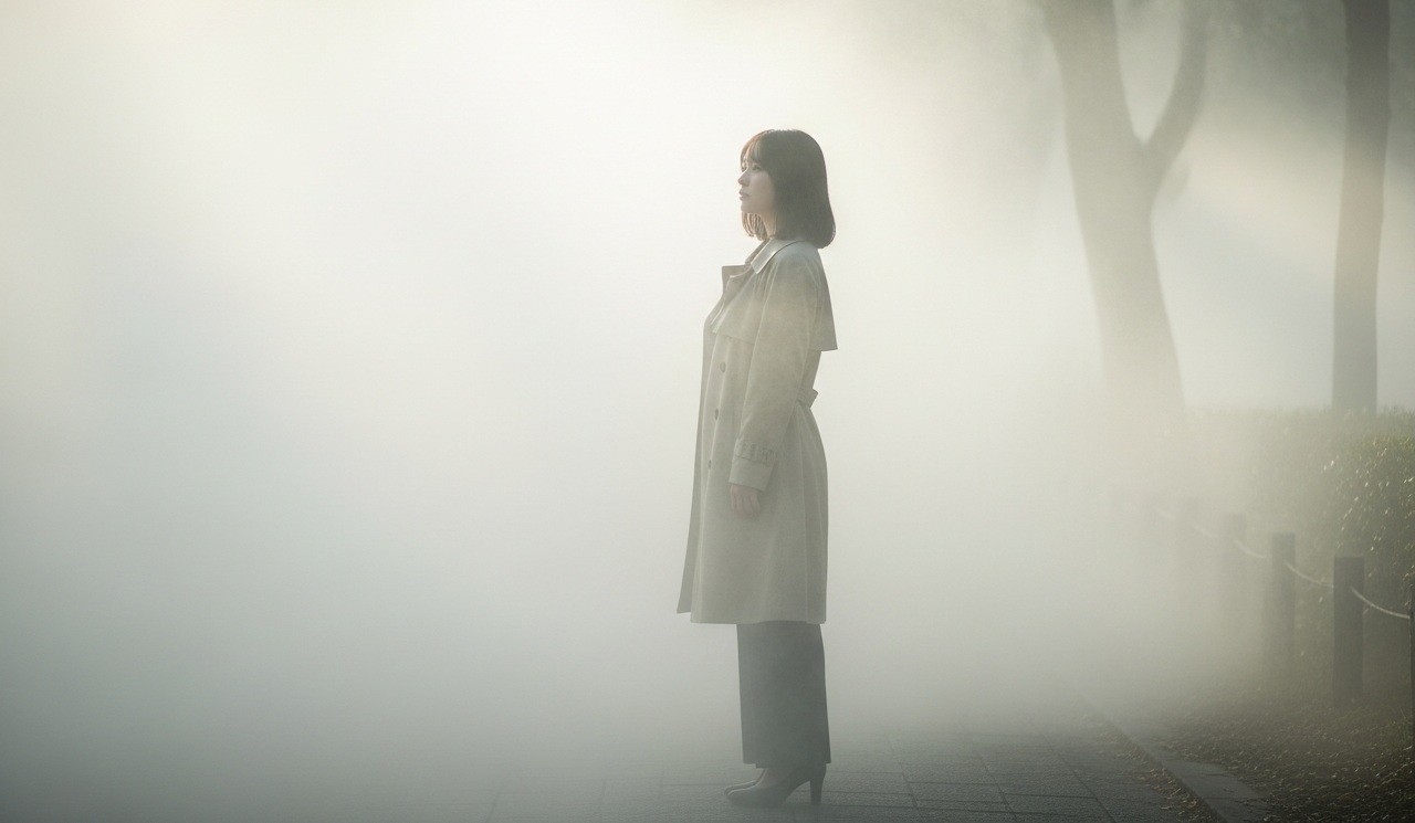霧の中に立つ女子学生